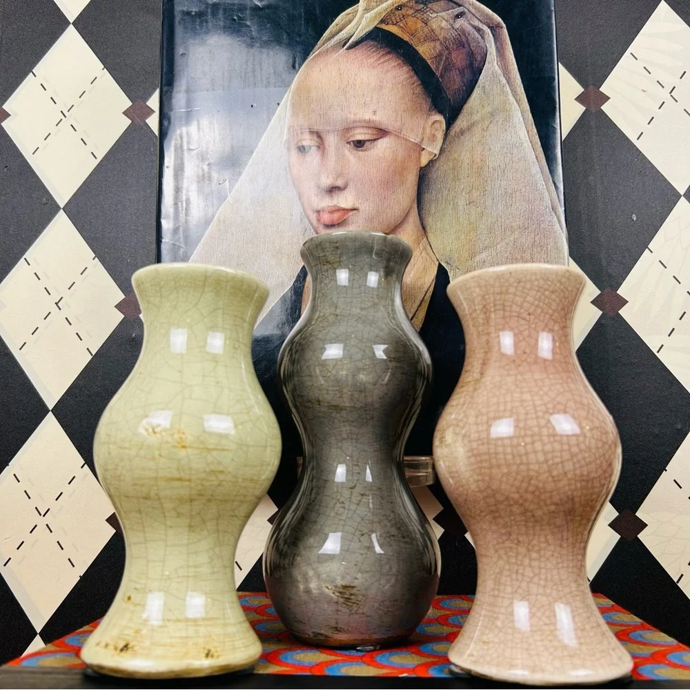 Studio Pottery Trio Bud Vases Crackle Glaze Sculptural| Vintage Luxury Set of 3 - Picture 5 of 16